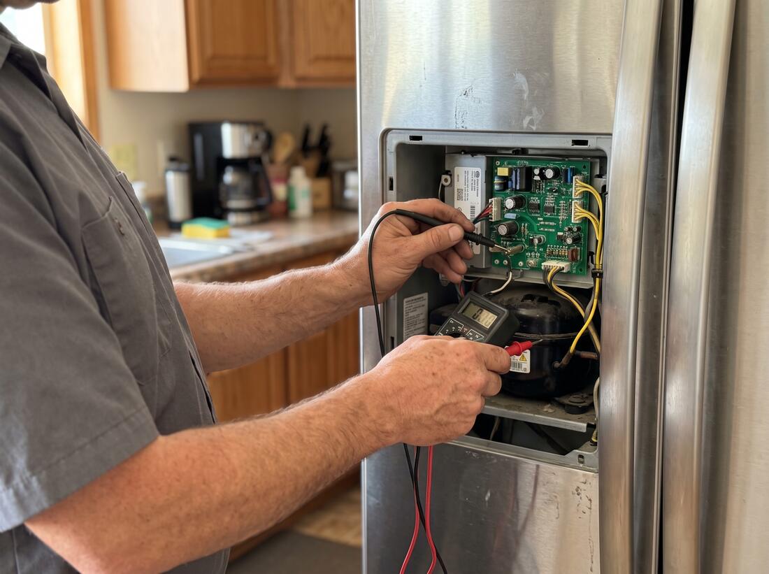 Technician testing components in a refrigerator