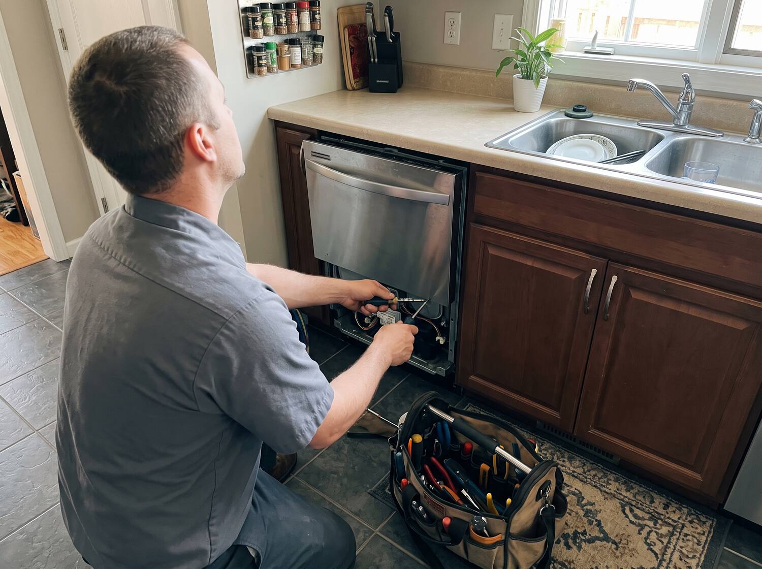 Technician repairing a pulled-out dishwasher in a kitchen